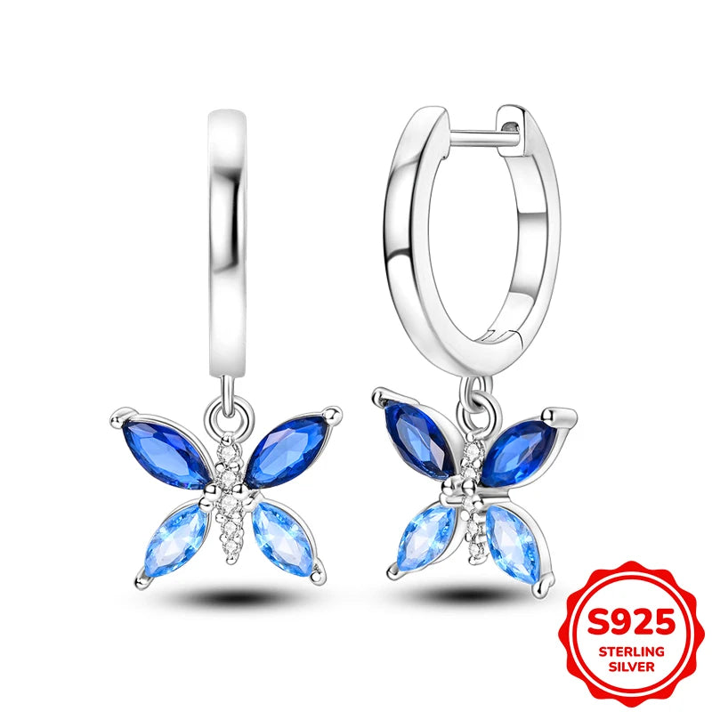 925 Sterling Silver Butterfly & Hoop Earrings — Coloured Zircon Accents
