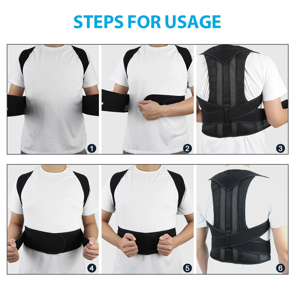 Adjustable back posture corrector brace supporting spine alignment for men and women, shown worn on a person's upper back.