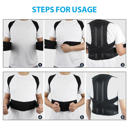 Adjustable back posture corrector brace supporting spine alignment for men and women, shown worn on a person's upper back.