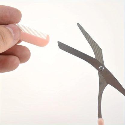 Pink stainless steel eyebrow trimming scissors with built-in comb, Prime Deal Zone, precise grooming tool for perfect eyebrows.
