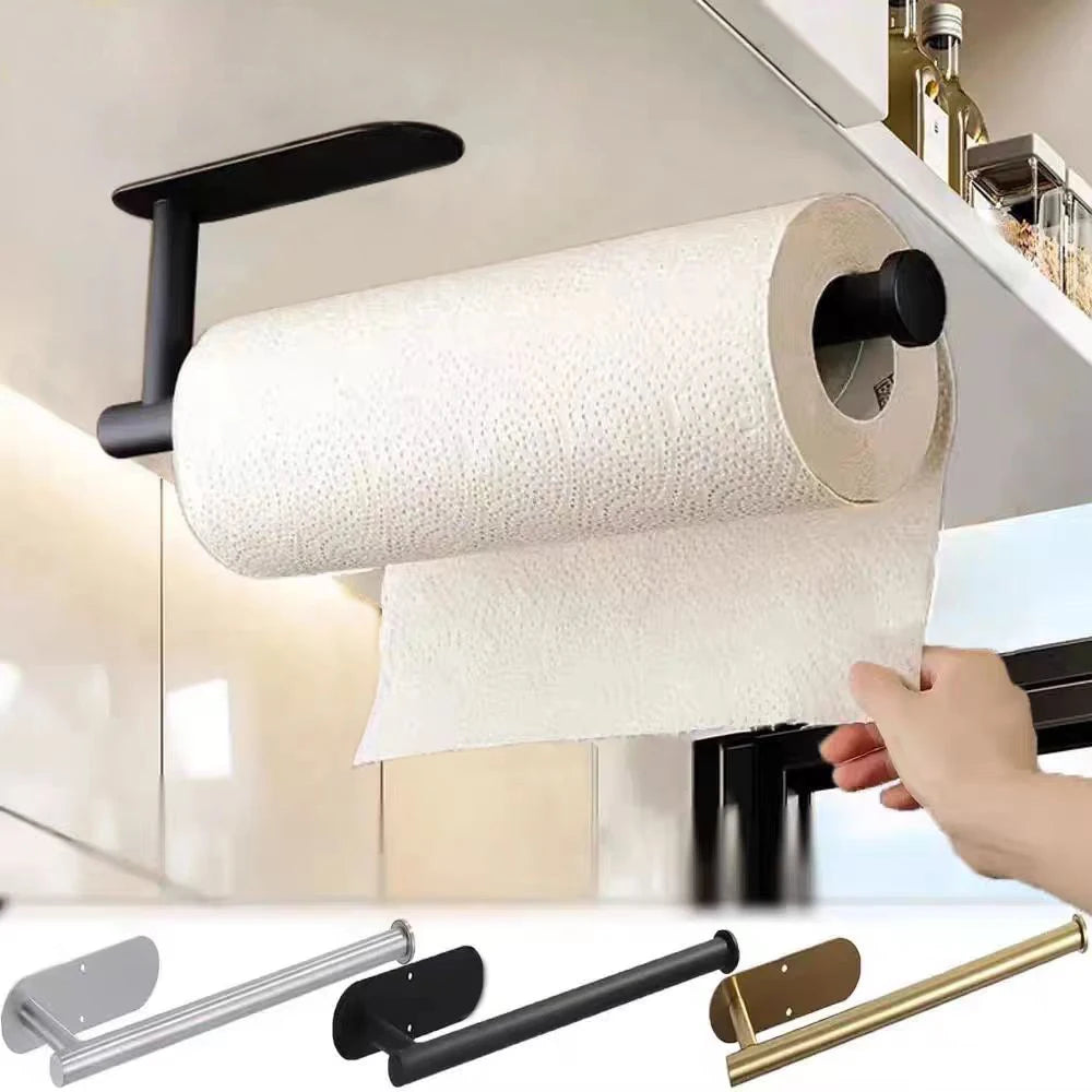 Prime Deal Zone adhesive kitchen paper towel holder and toilet roll dispenser mounted on bathroom cabinet for napkins and tissue storage.