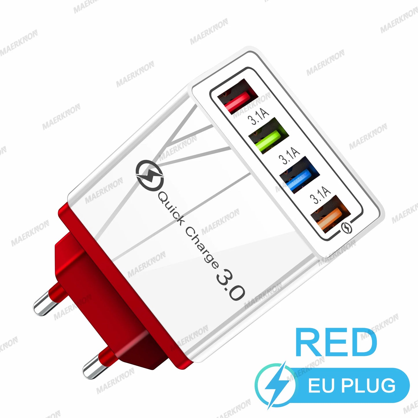 Prime Deal Zone 3A USB charger with 4 ports and Quick Charge 3.0, EU and US plug for fast charging smartphones and mobile devices.