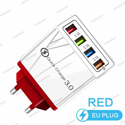 Prime Deal Zone 3A USB charger with 4 ports and Quick Charge 3.0, EU and US plug for fast charging smartphones and mobile devices.