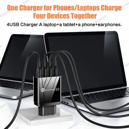 Prime Deal Zone 3A USB charger with 4 ports, fast charging USB 3.0 adapter for iPhone, Samsung, Xiaomi, and Poco mobile phones