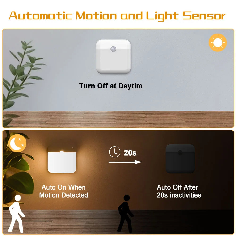 Square LED motion sensor light with USB Type-C charging, ideal for bedrooms, kitchens, hallways, wardrobes, and night lighting.