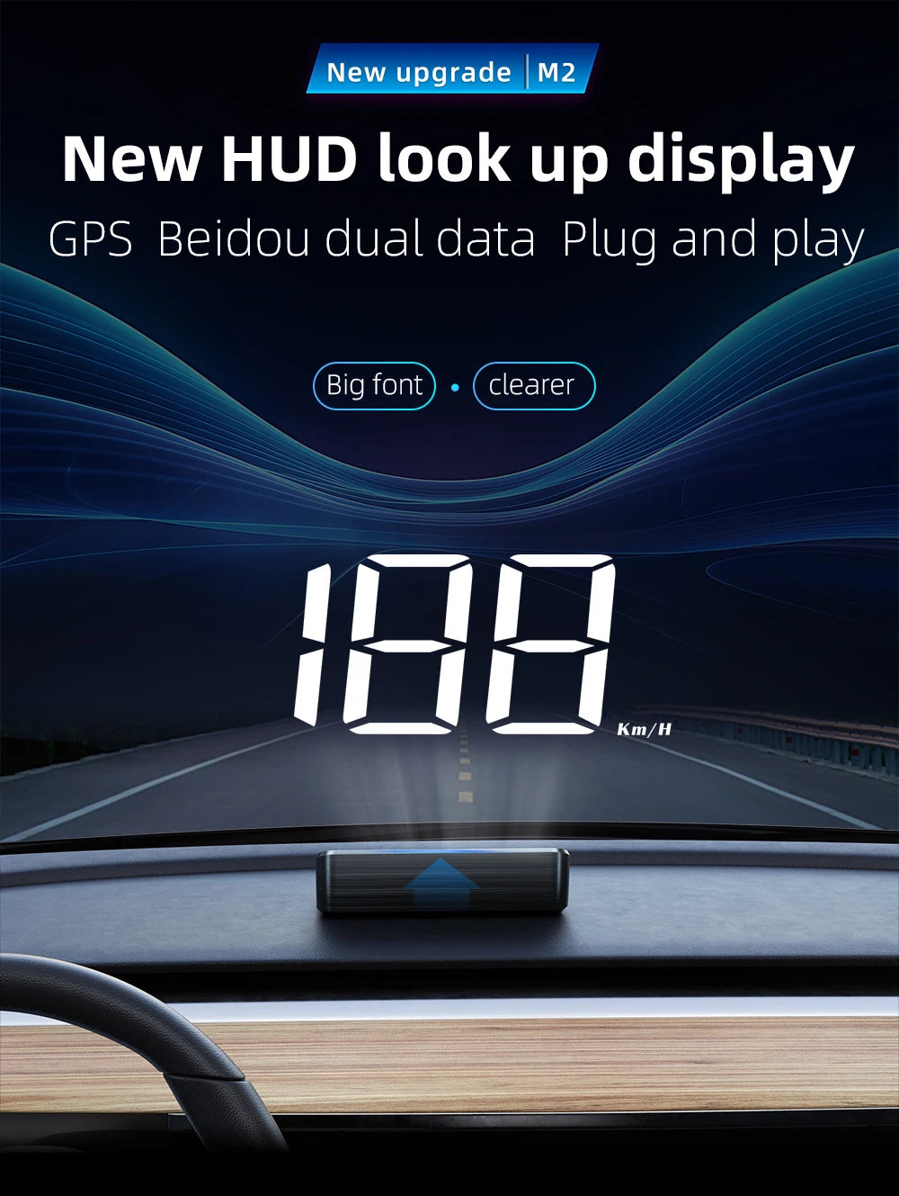 HD Car Head Up Display M2 by Prime Deal Zone showing digital GPS speedometer and KM/H readings projected onto windshield.
