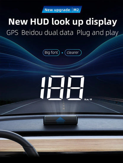 HD Car Head Up Display M2 by Prime Deal Zone showing digital GPS speedometer and KM/H readings projected onto windshield.