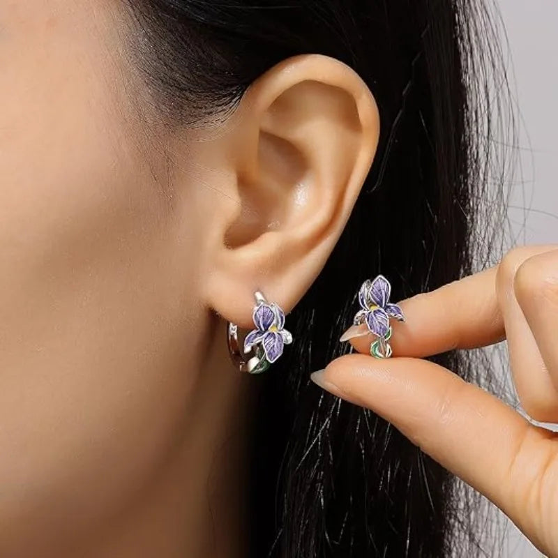 Sterling silver purple iris flower hoop earrings - view 2