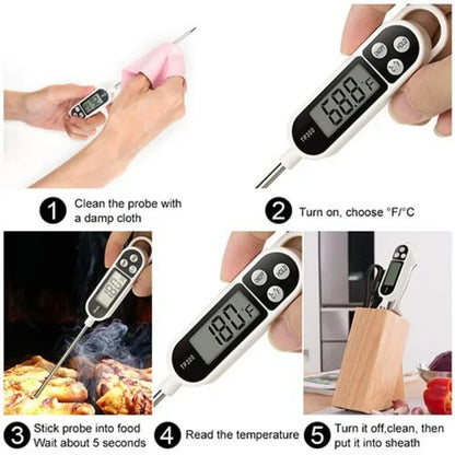 Prime Deal Zone TP300 digital food thermometer with probe for meat, water, oil, and BBQ cooking in kitchen and oven.