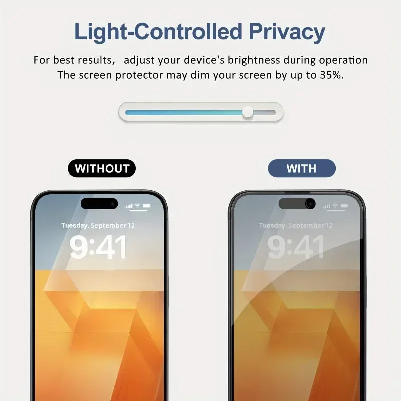 Five Prime Deal Zone anti-peep privacy tempered glass screen protectors for iPhone 12 to 17 Pro Max, showing installation on a phone screen