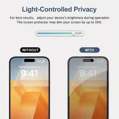 Five Prime Deal Zone anti-peep privacy tempered glass screen protectors for iPhone 12 to 17 Pro Max, showing installation on a phone screen