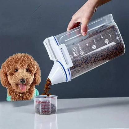 Prime Deal Zone Freshness Lock Tank pet food storage container with measuring cup, 2kg capacity for keeping pet food fresh.