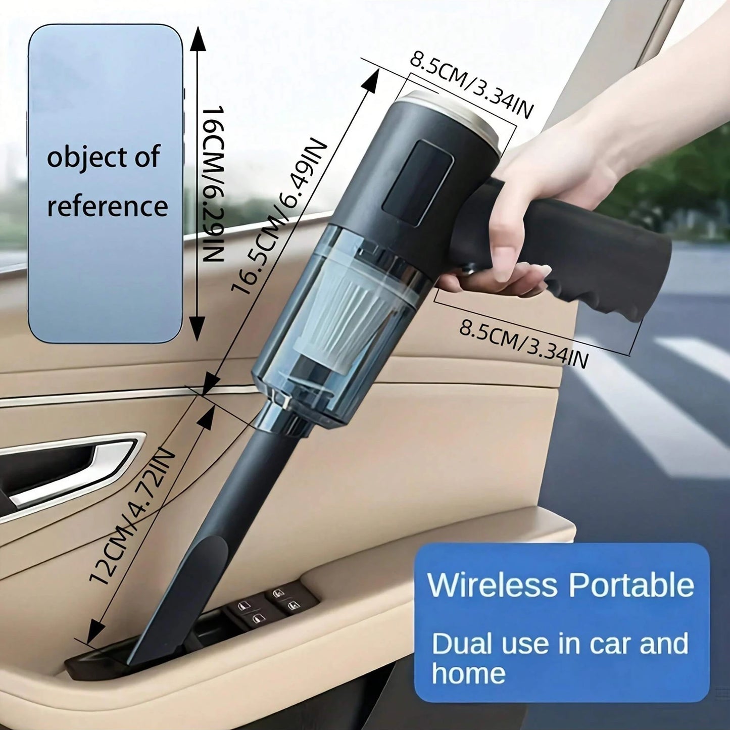 Prime Deal Zone 3-in-1 vacuum cleaner with integrated suction and blowing, USB rechargeable, compact for car and household cleaning.