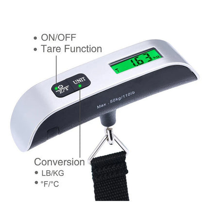 Digital portable luggage scale with LCD display weighing up to 50kg, suitable for travel baggage and suitcase weight measurement.