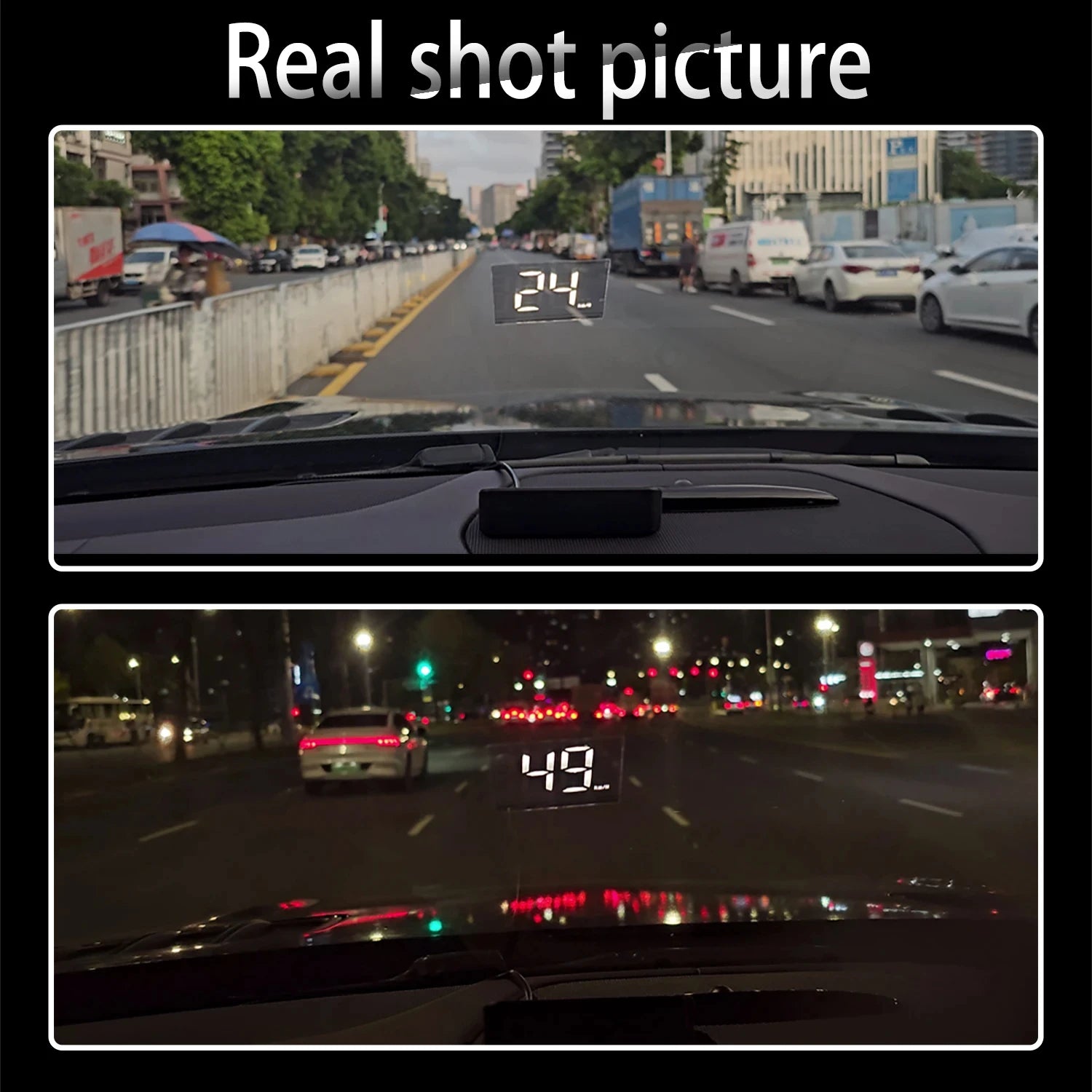 HD Car Head Up Display M2 from Prime Deal Zone showing digital GPS speedometer and KM/H readings projected on windshield