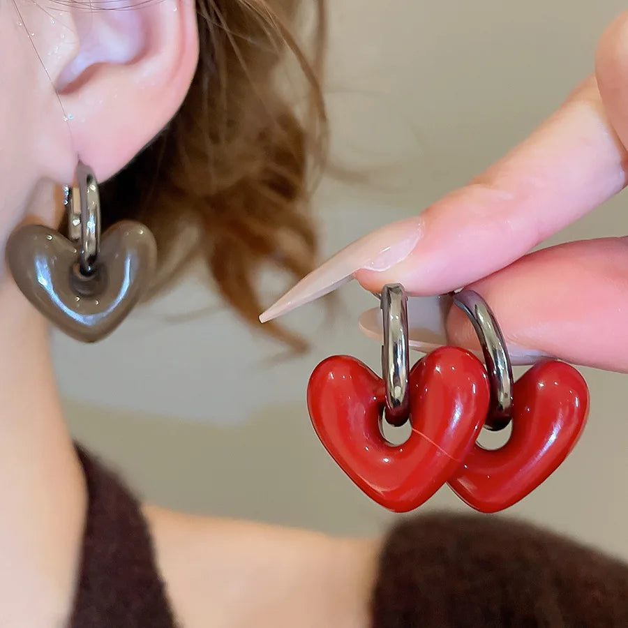 vintage enamel drip hoop earrings with heart pendant - view 1