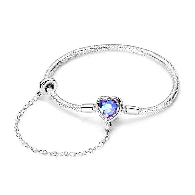 925 Sterling Silver Heart Zircon Snake Chain Bracelet — Multiple Designs, 17–20cm