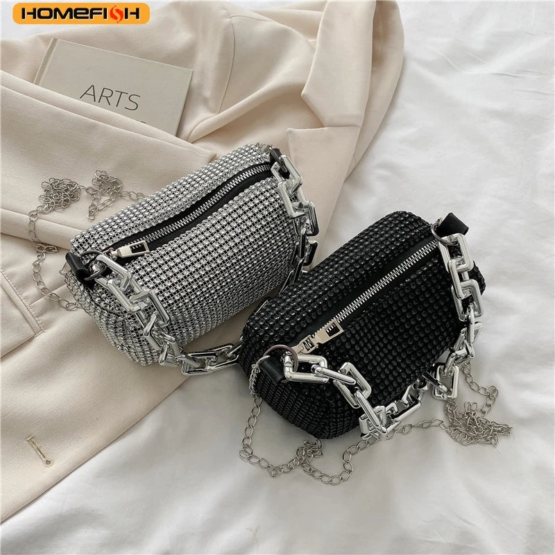 Prime Deal Zone HOMEFISH allover RhiHOMEFISH nestone bucket bag with glitter chain, mini crossbody purse for women.