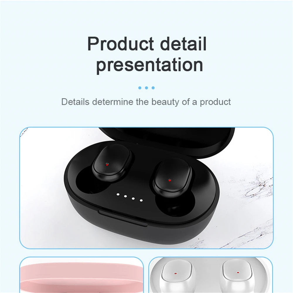 Wireless Bluetooth A6S sport earphones with LED display, stereo sound, touch control for Xiaomi and Huawei devices.
