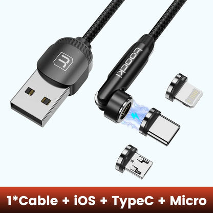 Toocki 540 Rotate Magnetic USB Type C cable for iPhone, Xiaomi, and Micro USB devices with magnetic charging connector.