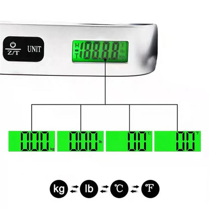 Digital LCD portable luggage scale by Prime Deal Zone showing a hanging suitcase weight measurement in pounds and kilograms.