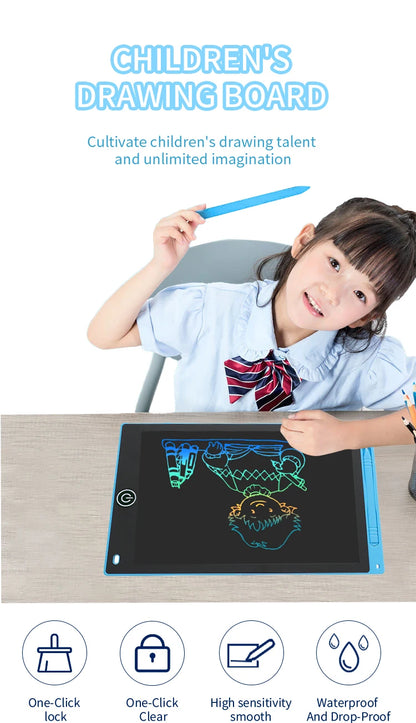 Multi-size LCD writing tablet for kids by Prime Deal Zone, featuring a colorful drawing surface, lock and erase buttons.