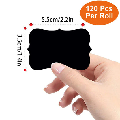 Set of 120 blackboard stickers with erasable pen, waterproof chalkboard labels in three styles, 1.4x2.2 inches for home and kitchen.