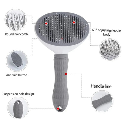 Prime Deal Zone self-cleaning pet dog and cat brush with grooming comb for removing loose hair and dematting pets.