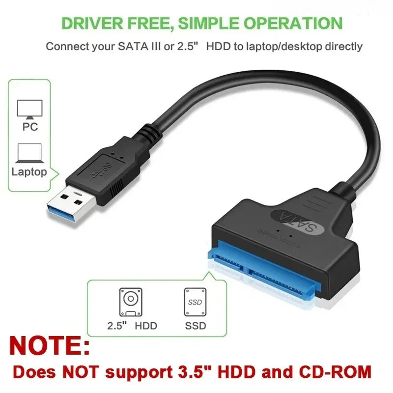 Prime Deal Zone SATA to USB 3.0 cable connecting 2.5 inch external HDD or SSD to computer, supports up to 6 Gbps transfer speed.