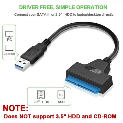 Prime Deal Zone SATA to USB 3.0 cable connecting 2.5 inch external HDD or SSD to computer, supports up to 6 Gbps transfer speed.