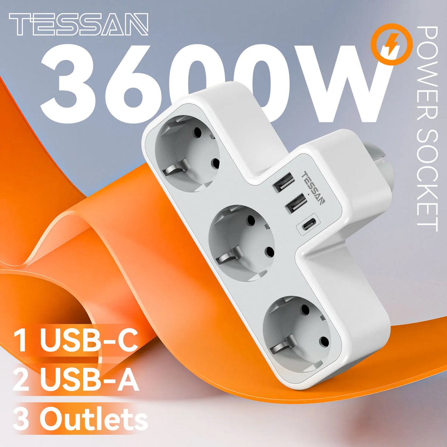 TESSAN EU Plug 6-in-1 Power Strip | 3 AC Outlets + 2 USB-A + 1 USB-C Wall Charger Adapter for Home & Office