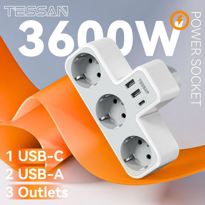 TESSAN EU Plug 6-in-1 Power Strip | 3 AC Outlets + 2 USB-A + 1 USB-C Wall Charger Adapter for Home & Office