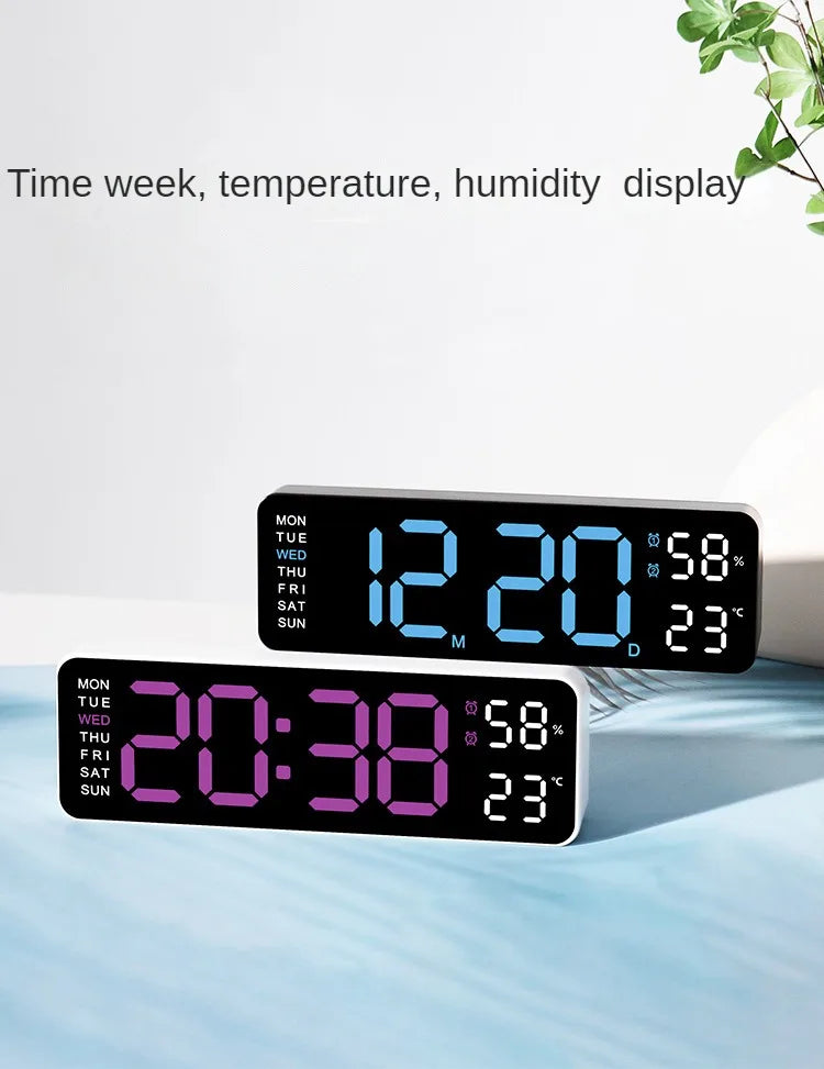 Large Prime Deal Zone digital wall clock with temperature, humidity, week display, adjustable brightness, and 12/24H electronic LED display