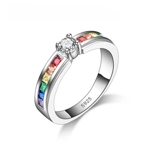 YAAMELI 925 Sterling Silver Rainbow Cubic Zircon Ring for Women | Trendy Wedding, Engagement & Proposal Ring