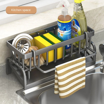 Prime Deal Zone kitchen shelf cleaning cloth storage rack with sponge holder and water drain for sink organization.