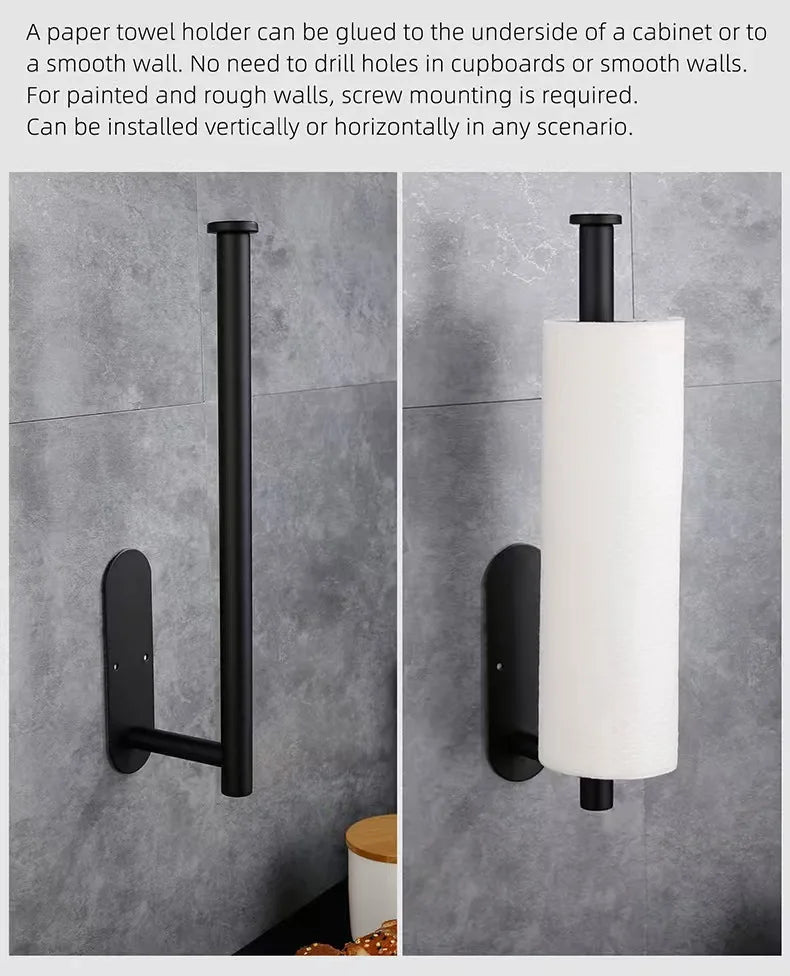Prime Deal Zone kitchen paper towel holder and tissue hanger mounted on a bathroom cabinet for easy paper roll storage.