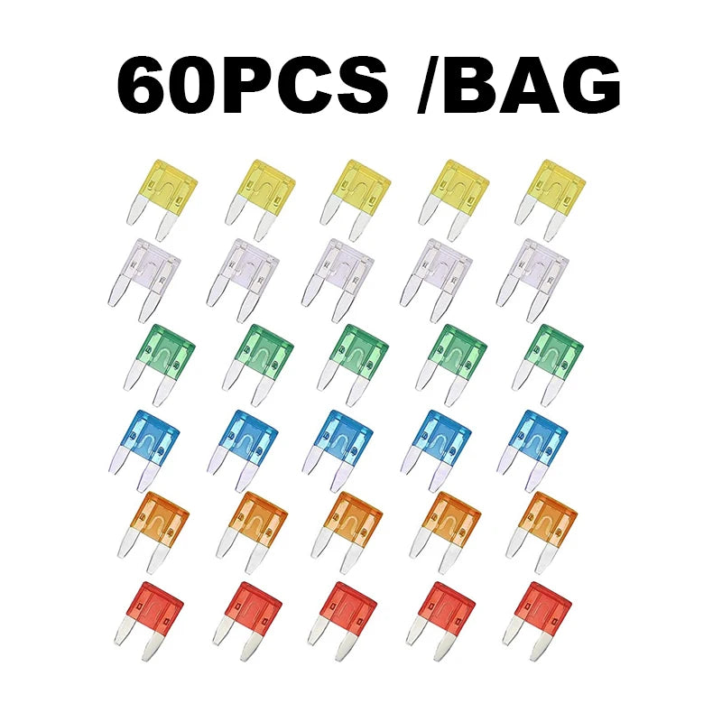 Prime Deal Zone fuse box packaging with 60 or 120pcs, featuring different fuse specifications, shown in bags and without medium fuses.