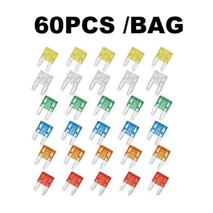 Prime Deal Zone fuse box packaging with 60 or 120pcs, featuring different fuse specifications, shown in bags and without medium fuses.