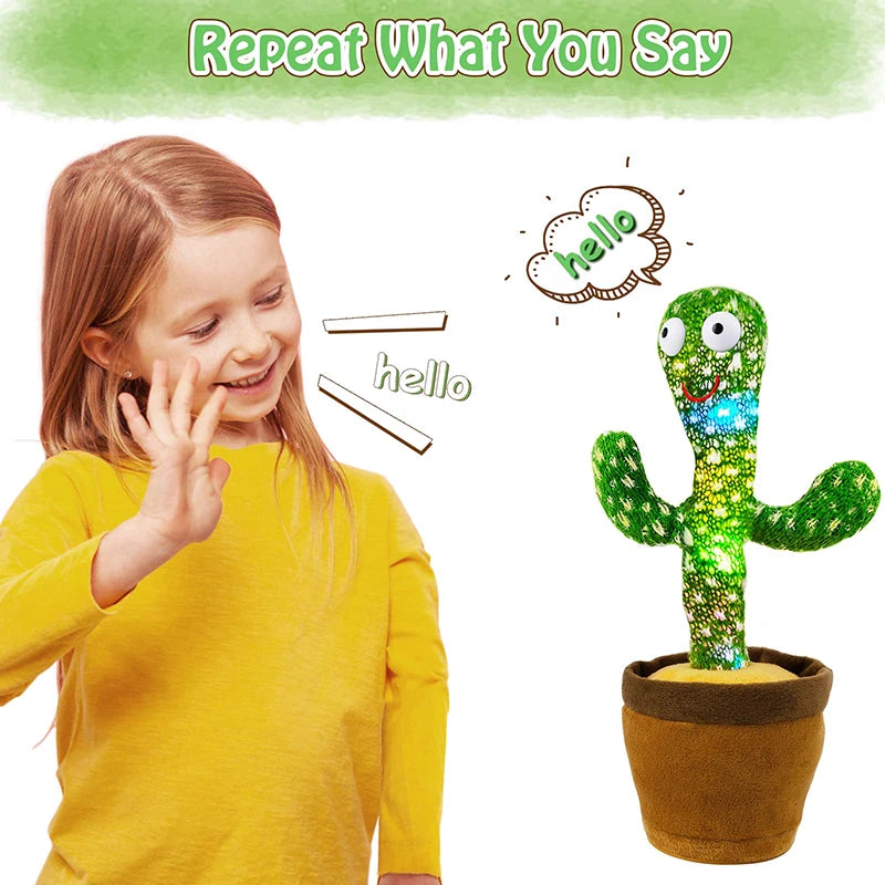 Dancing cactus plush toy from Prime Deal Zone with talking speaker, 120 songs, USB battery, and voice repeat features for kids.
