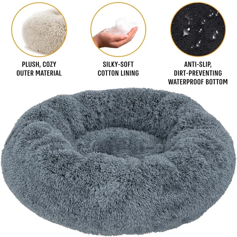 Round plush pet bed in six sizes, ideal for large dogs and cats, featuring a super soft, warm, and cozy sleeping area.