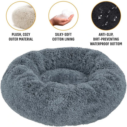 Round plush pet bed in six sizes, ideal for large dogs and cats, featuring a super soft, warm, and cozy sleeping area.