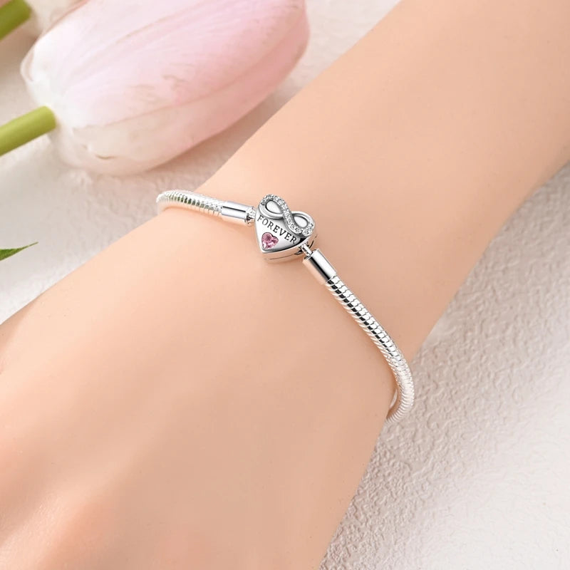 925 Sterling Silver Heart Zircon Snake Chain Bracelet — Multiple Designs, 17–20cm