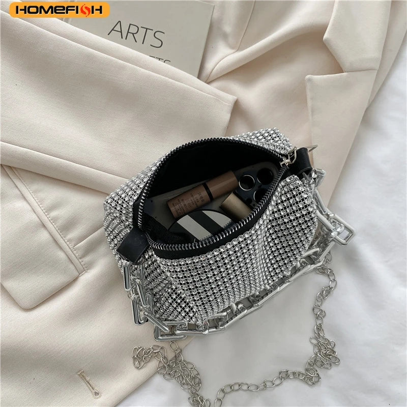 Homefish Allover RhiHOMEFISH mini bucket bag with glitter chain, prom purse, and crossbody design, perfect for women's stylish accessories.