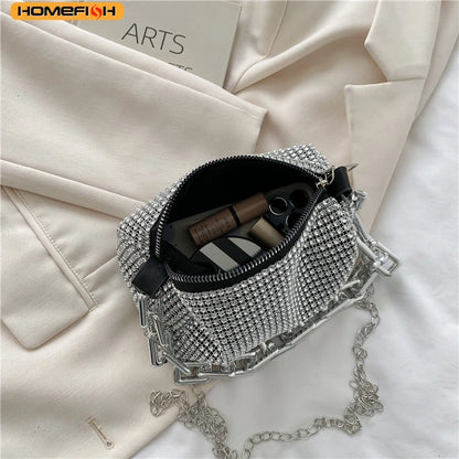 Homefish Allover RhiHOMEFISH mini bucket bag with glitter chain, prom purse, and crossbody design, perfect for women's stylish accessories.