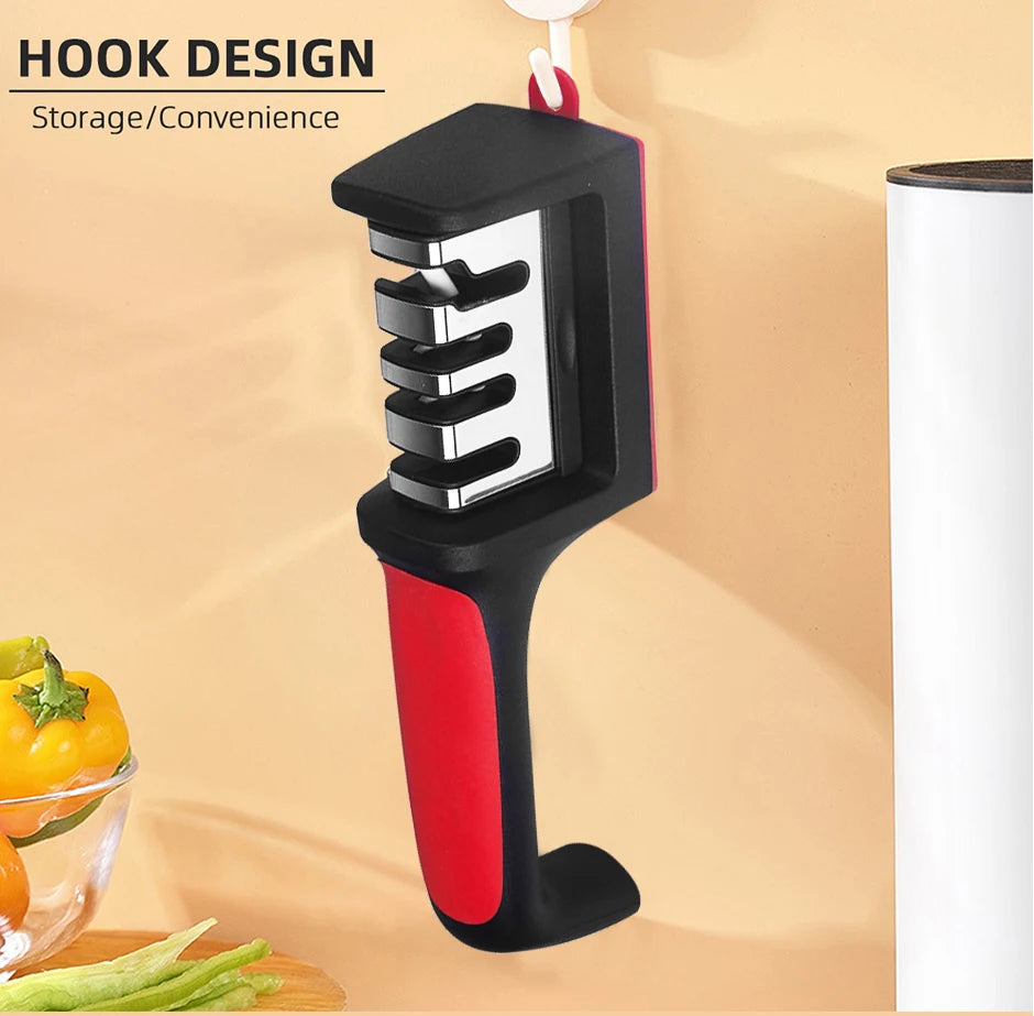 Prime Deal Zone kitchen 3/4-segment knife sharpener, black handheld multi-purpose sharpening stone with ergonomic design.