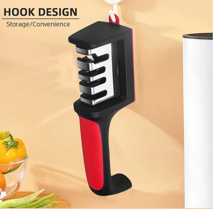 Prime Deal Zone kitchen 3/4-segment knife sharpener, black handheld multi-purpose sharpening stone with ergonomic design.