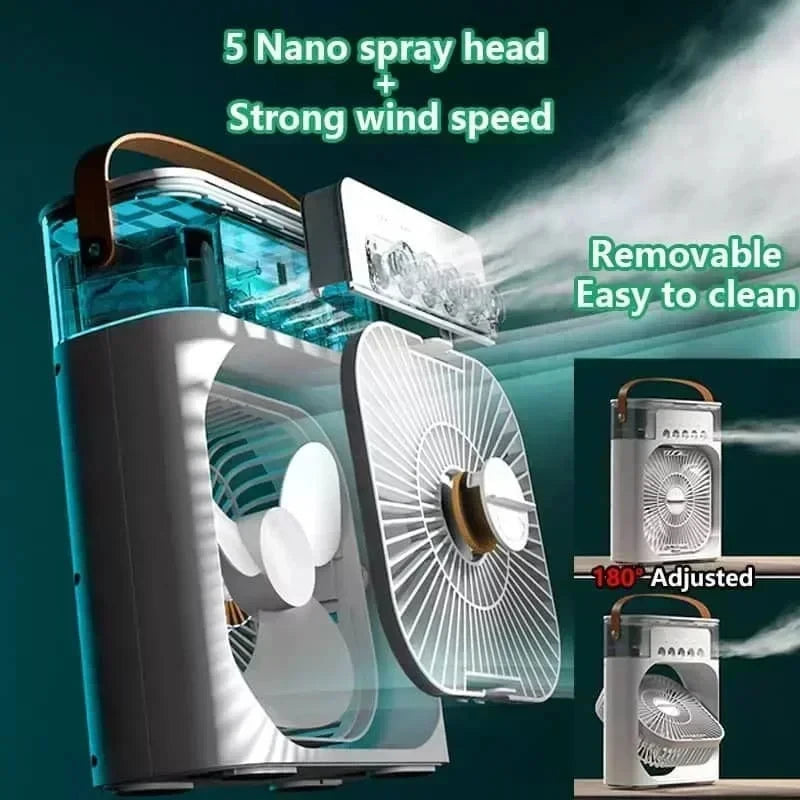 Prime Deal Zone portable 3-in-1 air cooler with LED night light, humidifier, and adjustable fan for home or office use.