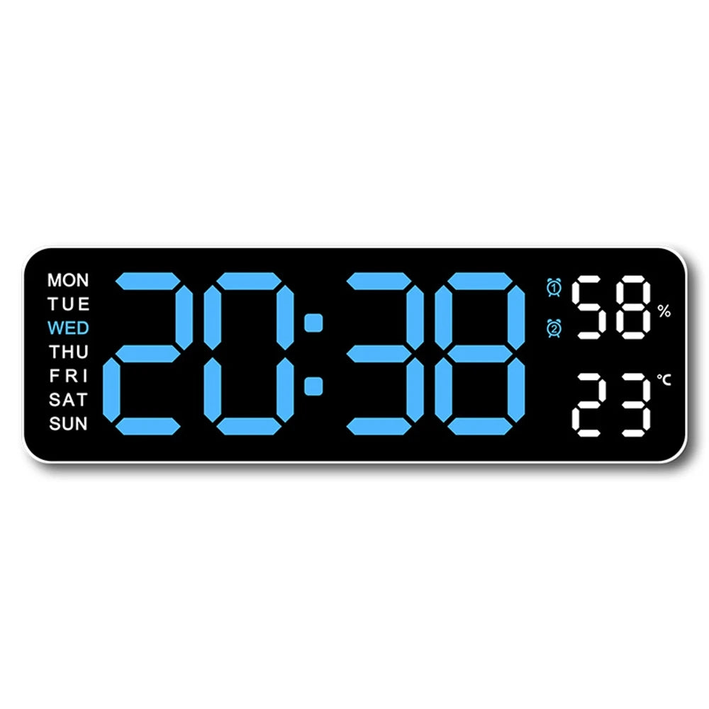 Large digital wall clock from Prime Deal Zone displaying temperature, humidity, week, and adjustable brightness with LED display.