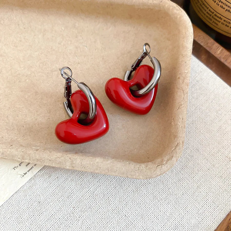 vintage enamel drip hoop earrings with heart pendant - view 6