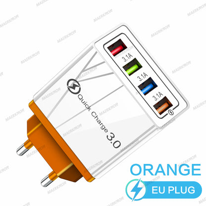 Prime Deal Zone 3A USB charger with 4 ports and Quick Charge 3.0 EU US plug for fast charging iPhone, Samsung, Xiaomi, and Poco phones.